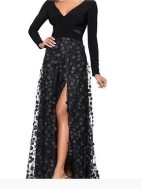 Xscape Black Long Sleeve V-Neck Floral Appliqué Maxi Dress